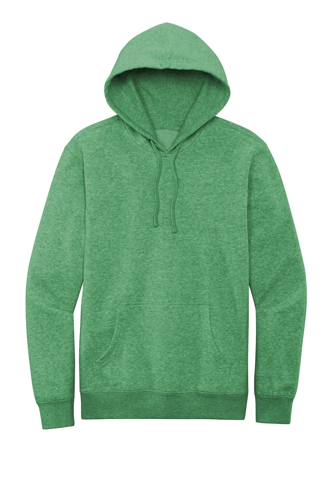A green fleece hoodie with a kangaroo pocket and a drawstring hood, featuring a logo on the front.