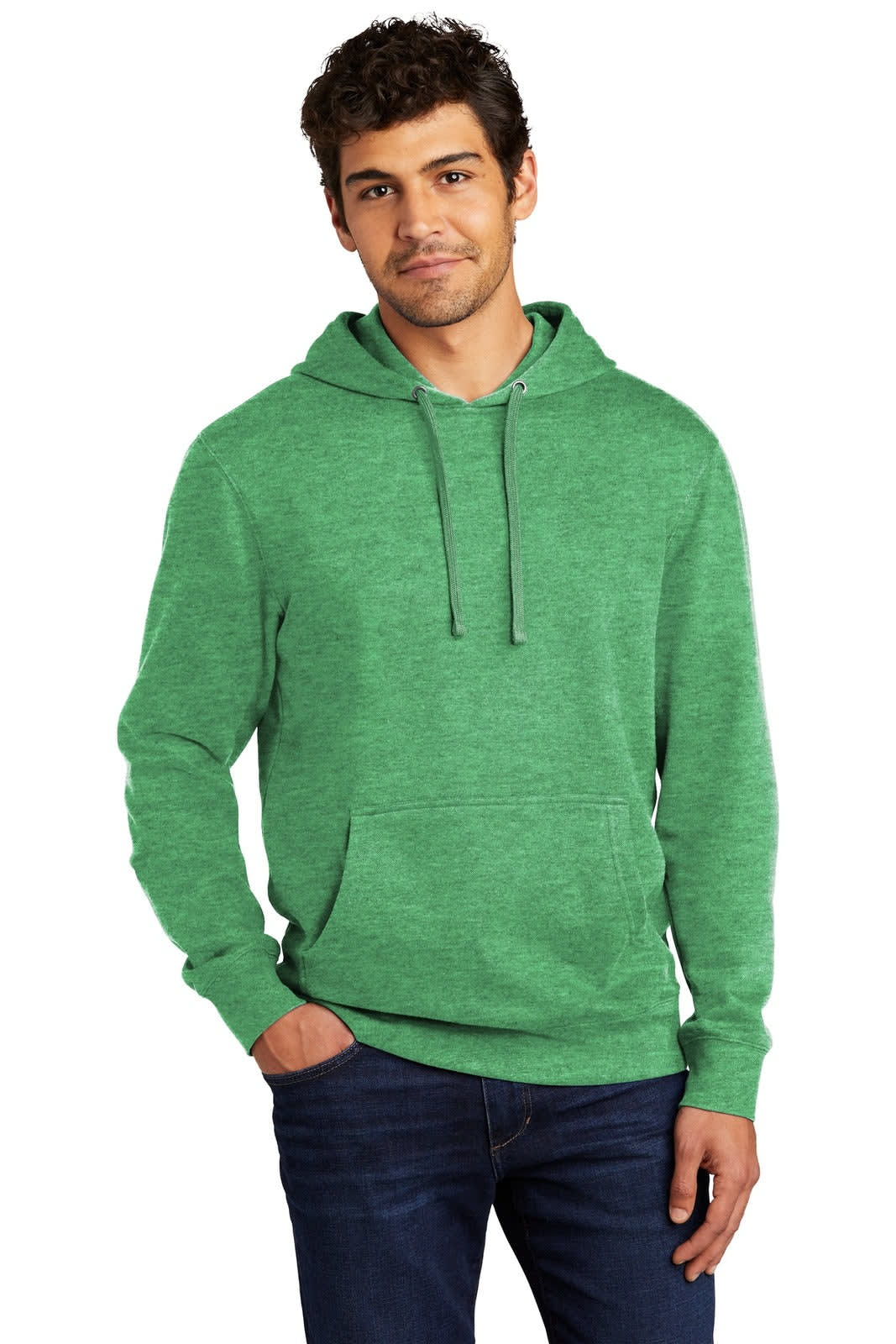 A green fleece hoodie with a kangaroo pocket and drawstring hood, featuring a logo on the front.