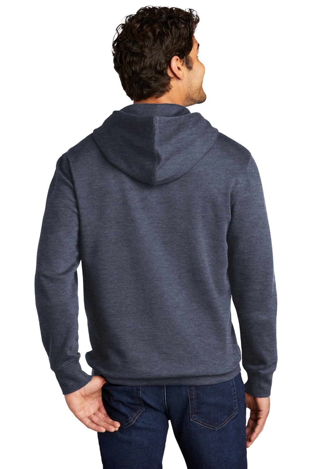 A man wearing a navy blue fleece hoodie, featuring a hood and long sleeves, with a logo on the back.