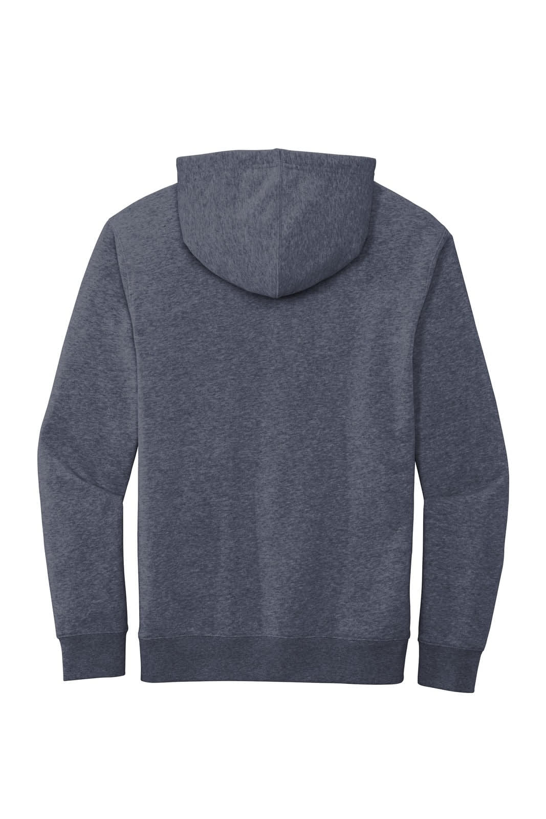 A navy fleece hoodie featuring a large hood and a logo on the back.