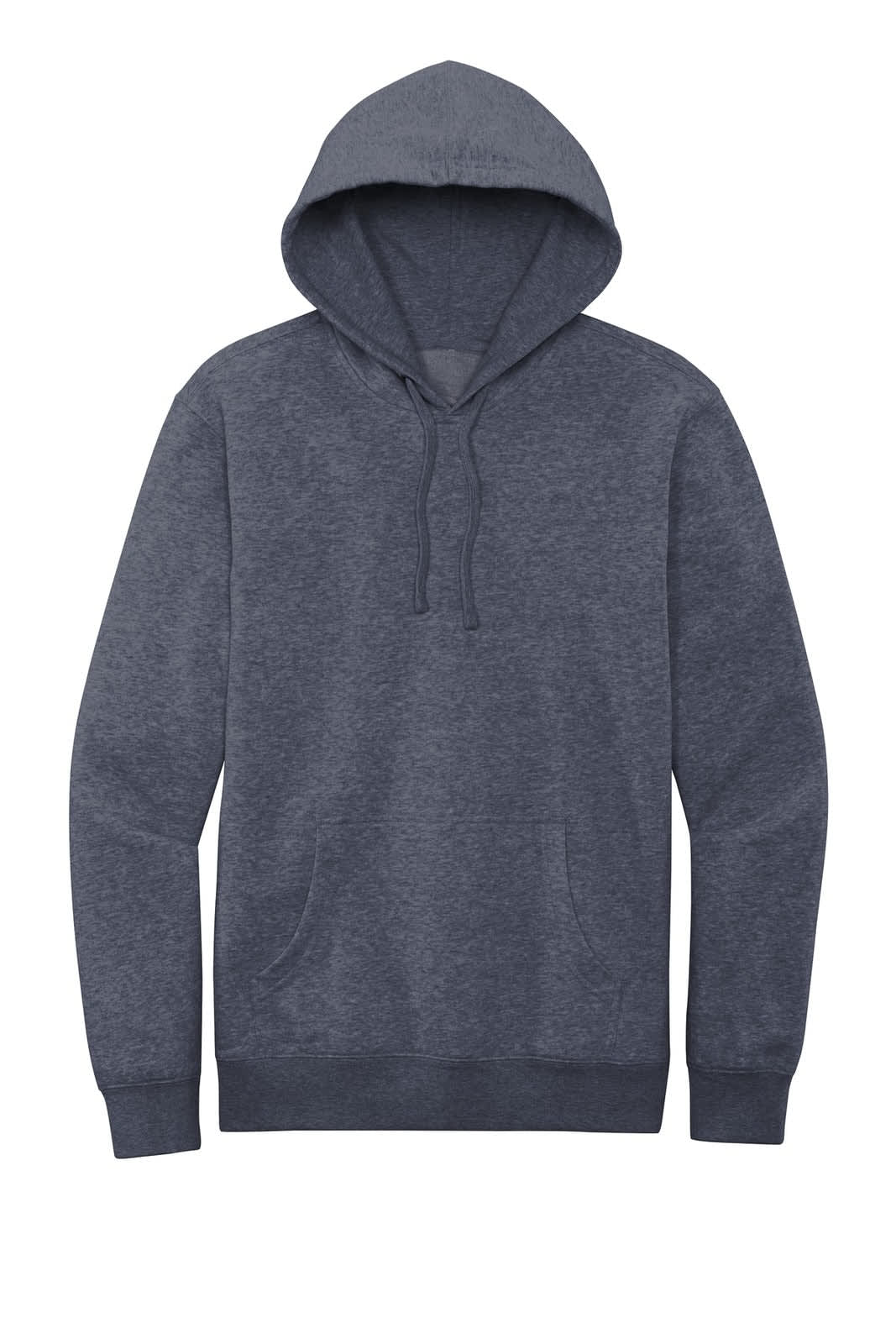 A grey fleece hoodie with a front pocket and a drawstring hood. It features a branding logo.