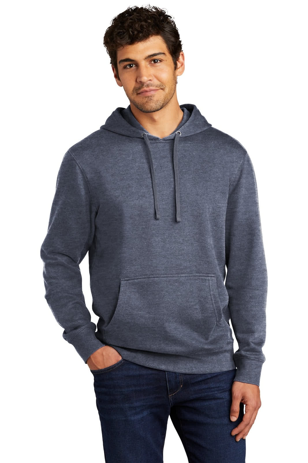 A fleece hoodie in a dark grey colour, featuring a front pocket and a hood. The model is wearing jeans.