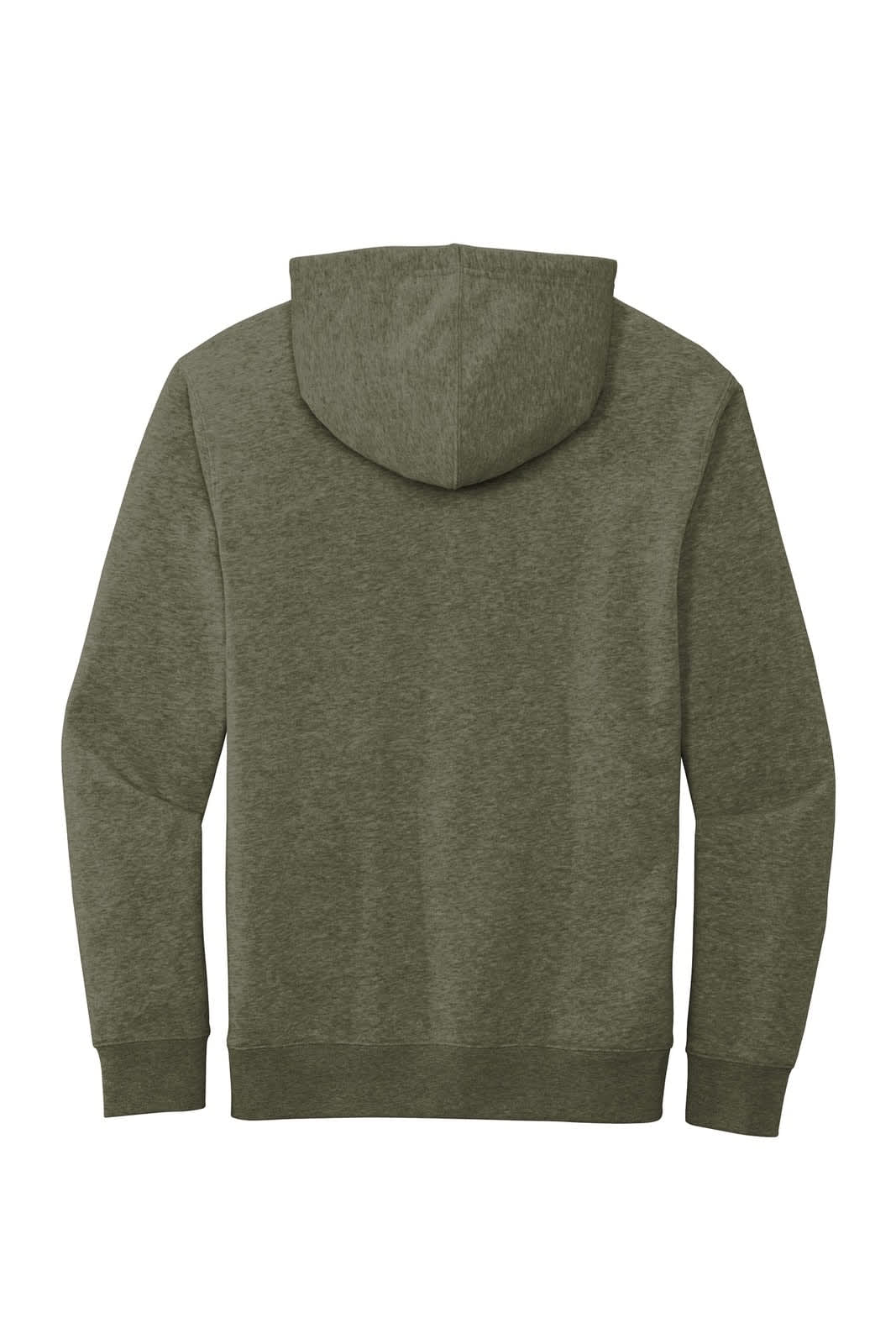 A green fleece hoodie featuring a hood and long sleeves, with a logo on the back.