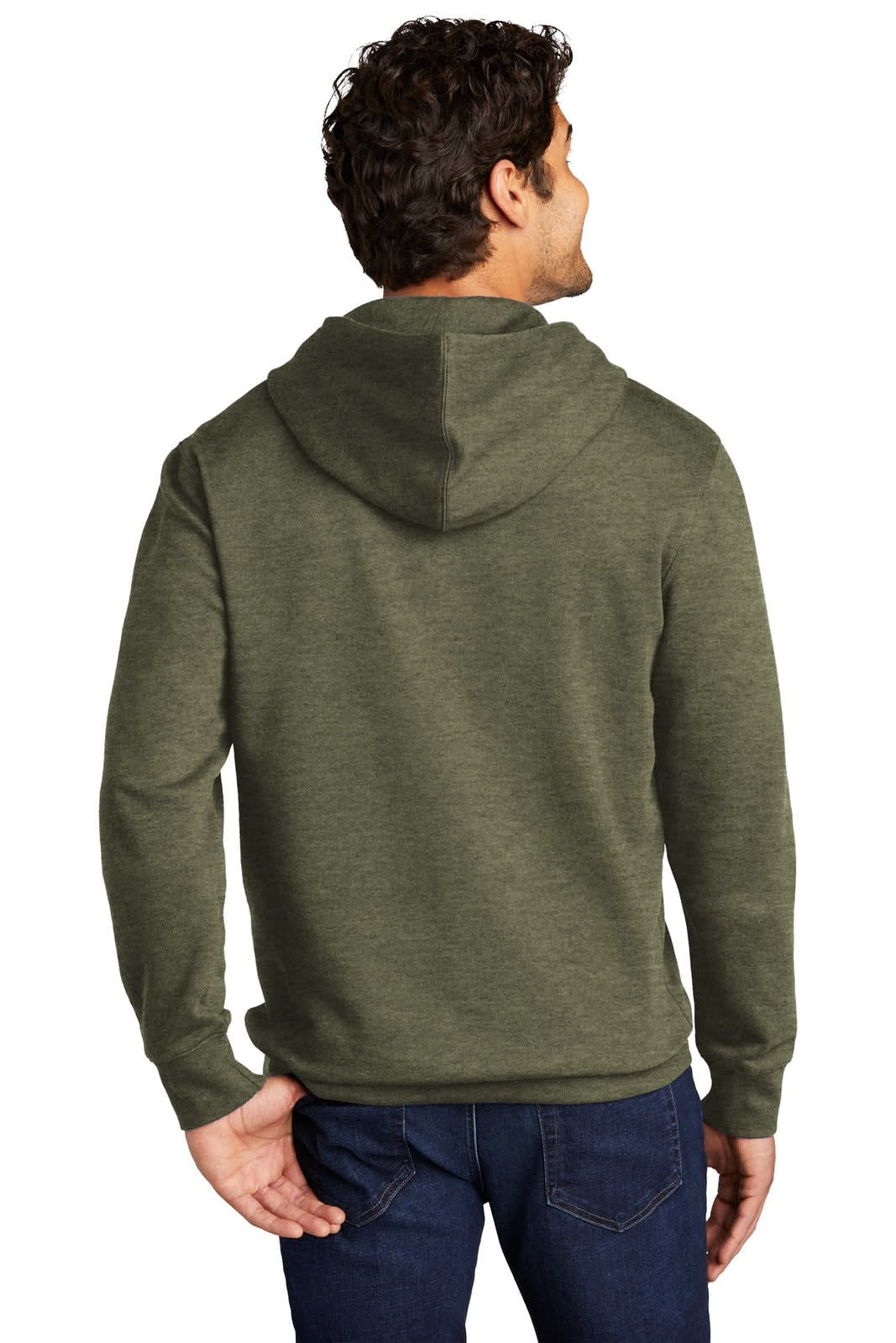 A green fleece hoodie featuring a back view design with a drawstring hood. It has a logo on the garment.