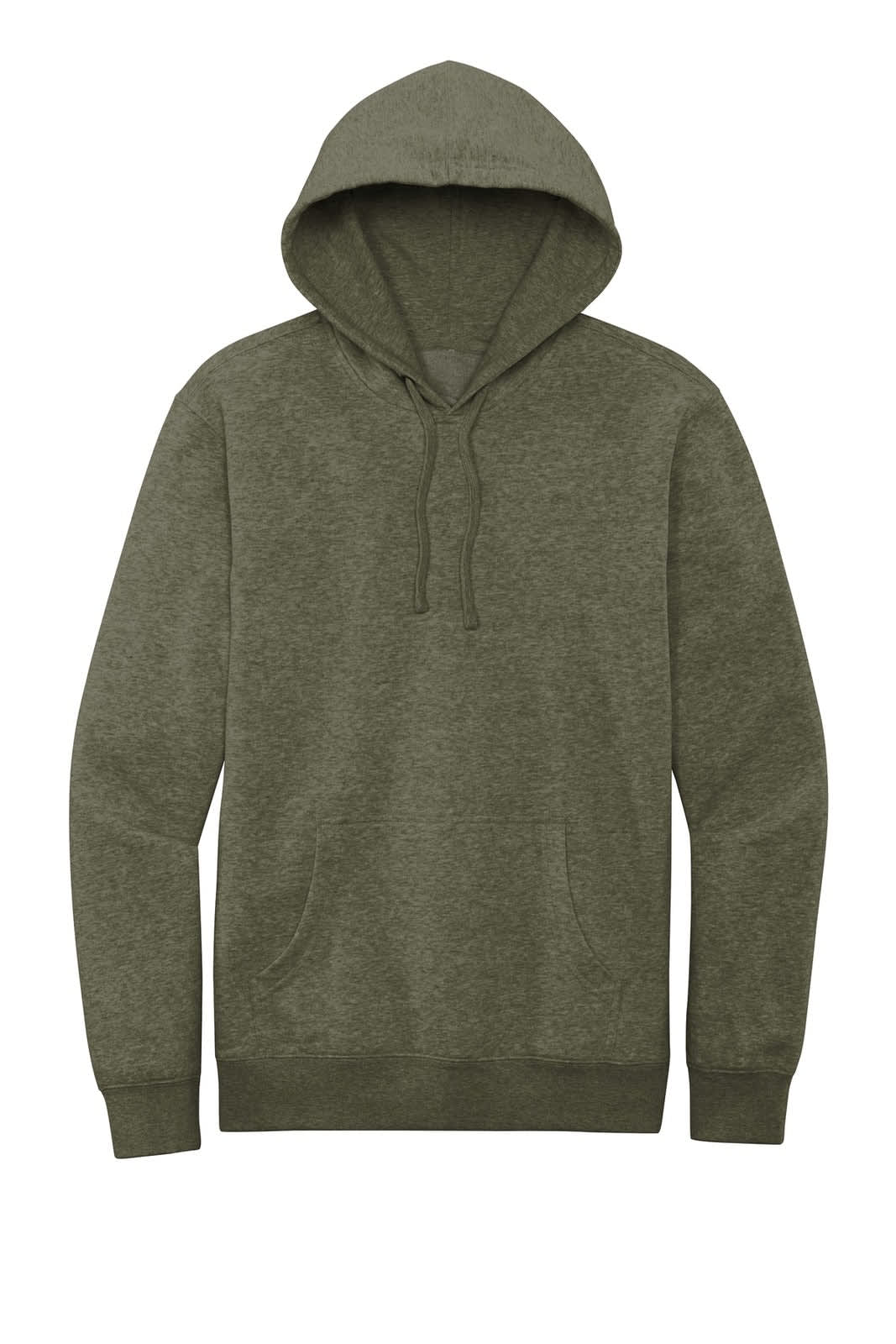 A green fleece hoodie with a front pouch pocket and a drawstring hood, featuring a logo.