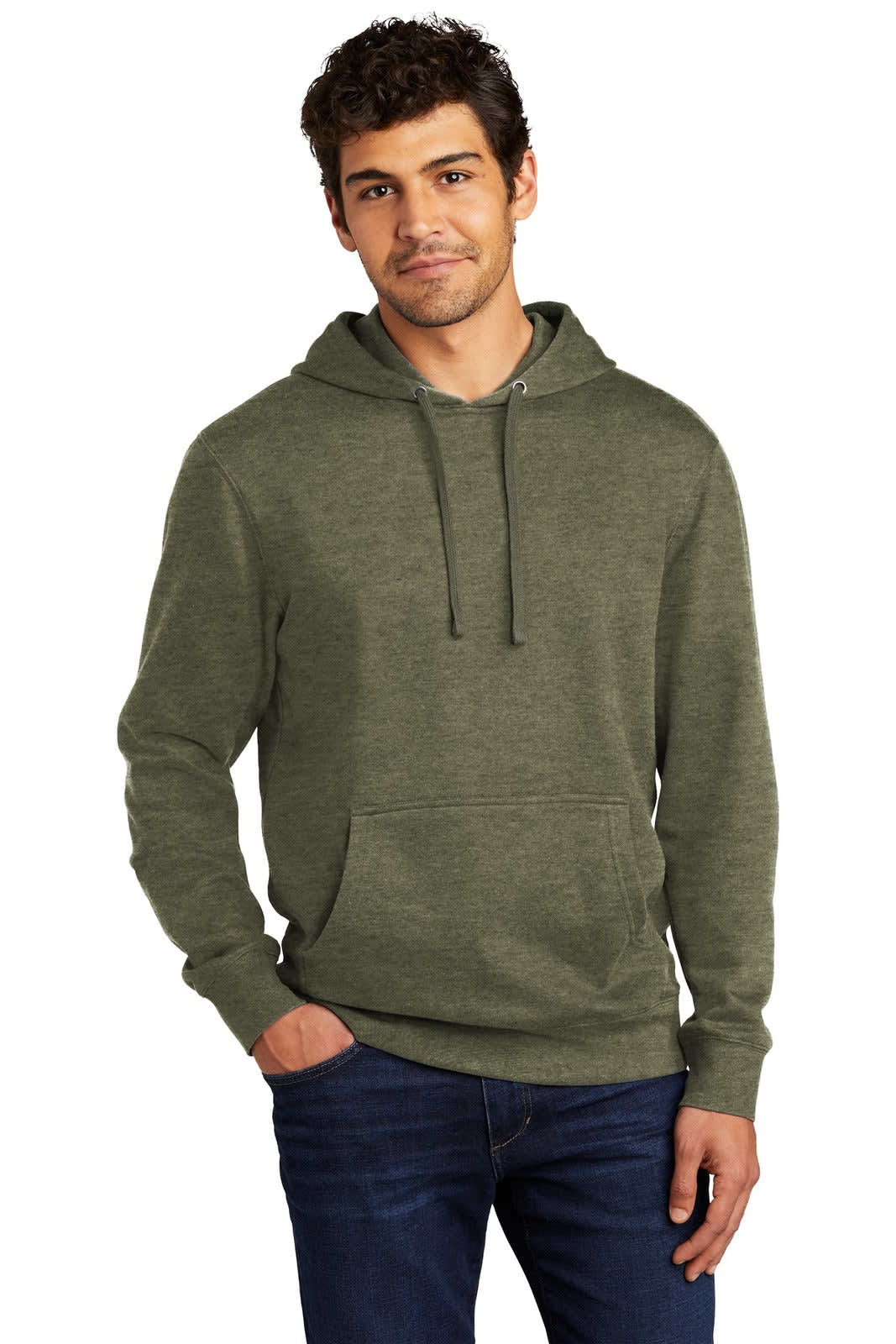 A man wearing a green fleece hoodie with a kangaroo pocket and drawstring hood, paired with blue jeans.