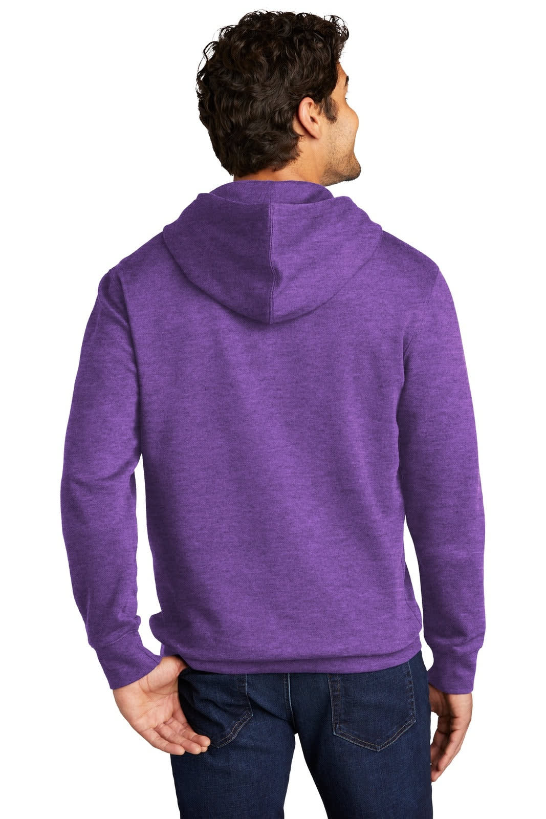 A purple fleece hoodie with a hood, featuring a logo, worn by a person seen from the back.