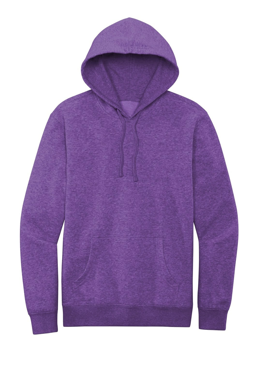 A purple fleece hoodie with a drawstring and a front pocket, featuring a logo on the front.