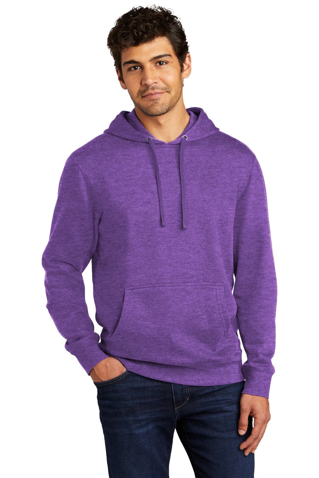 A purple fleece hoodie with a drawstring hood, front pocket, and a model wearing it. The hoodie features a logo.