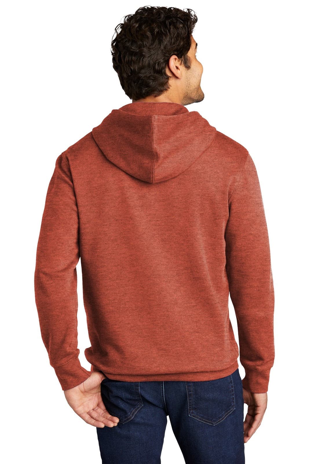 A fleece hoodie in a rust red colour, featuring a back view of a model showcasing a hood.