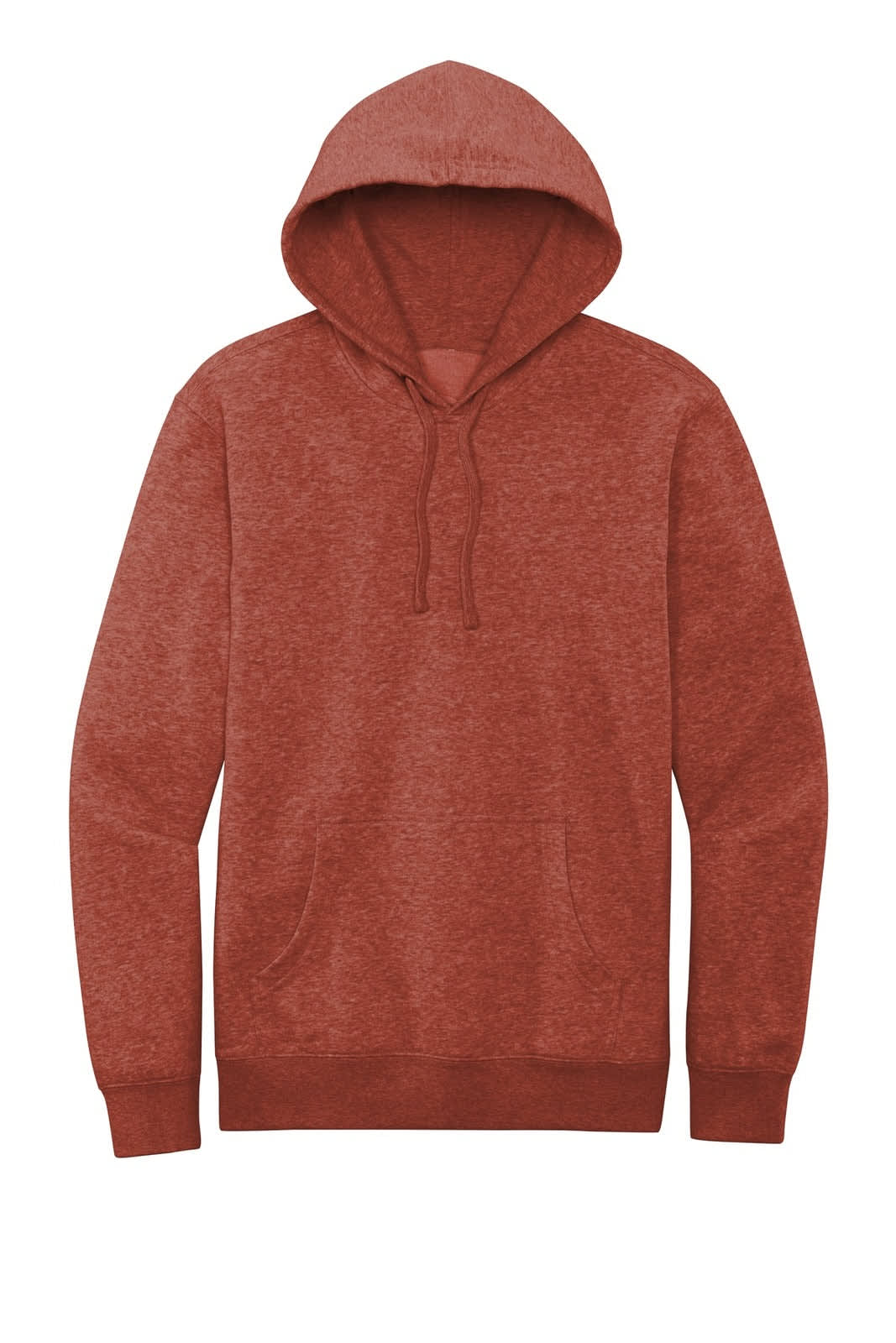 A rust-coloured fleece hoodie featuring a hood and a front pocket. Includes a logo on the garment.