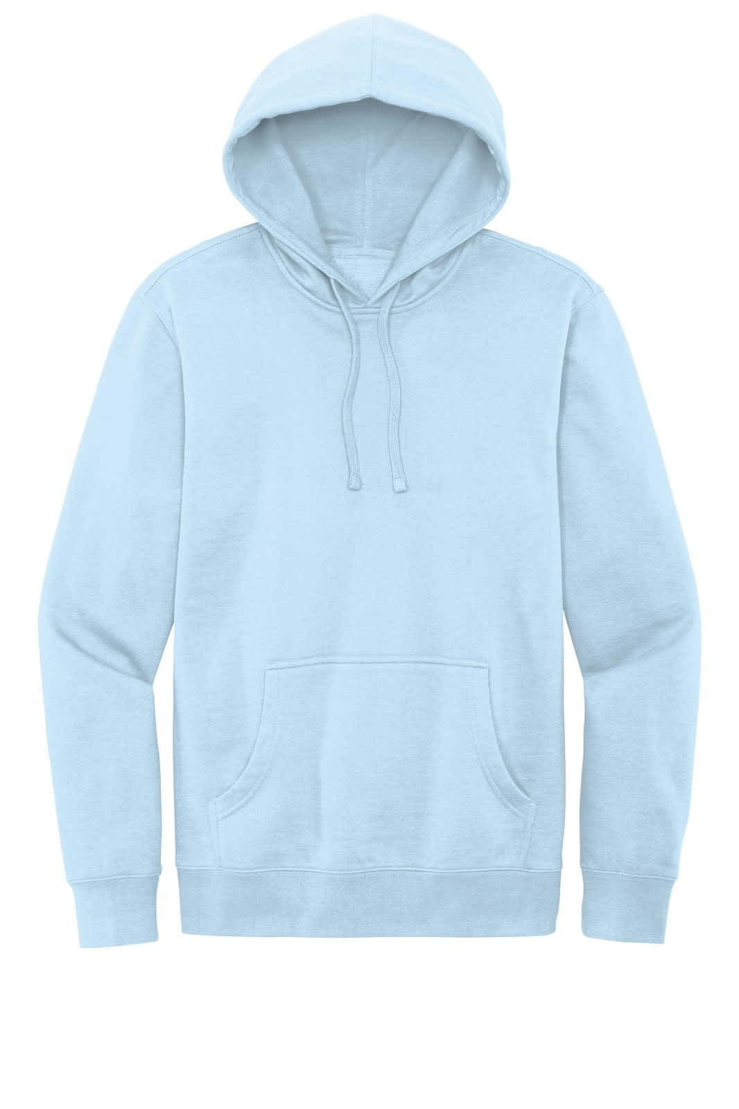 A light blue fleece hoodie featuring a front pouch pocket and a drawstring hood. It has a logo on it.
