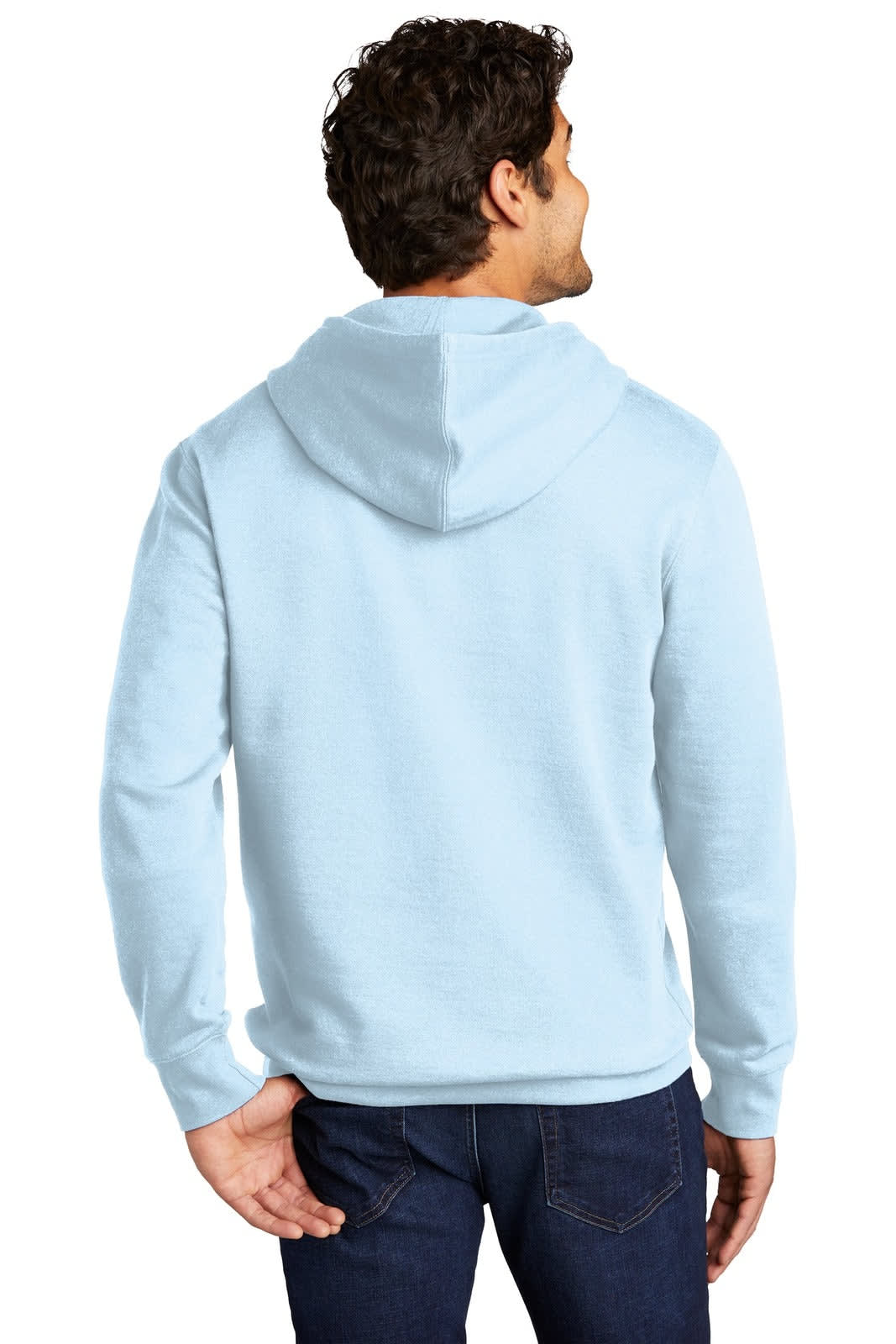 A light blue fleece hoodie with a hood, featuring a branding logo, shown from the back on a model.