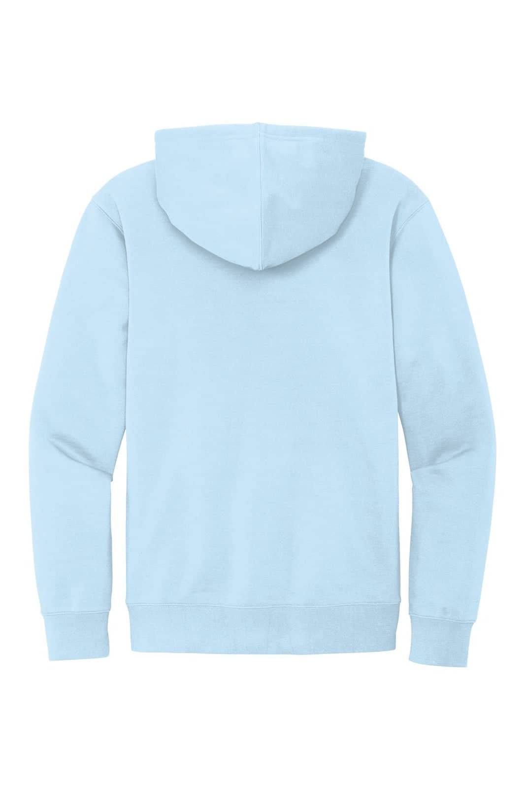 A light blue fleece hoodie with a hood and long sleeves. The back is plain and features a logo.