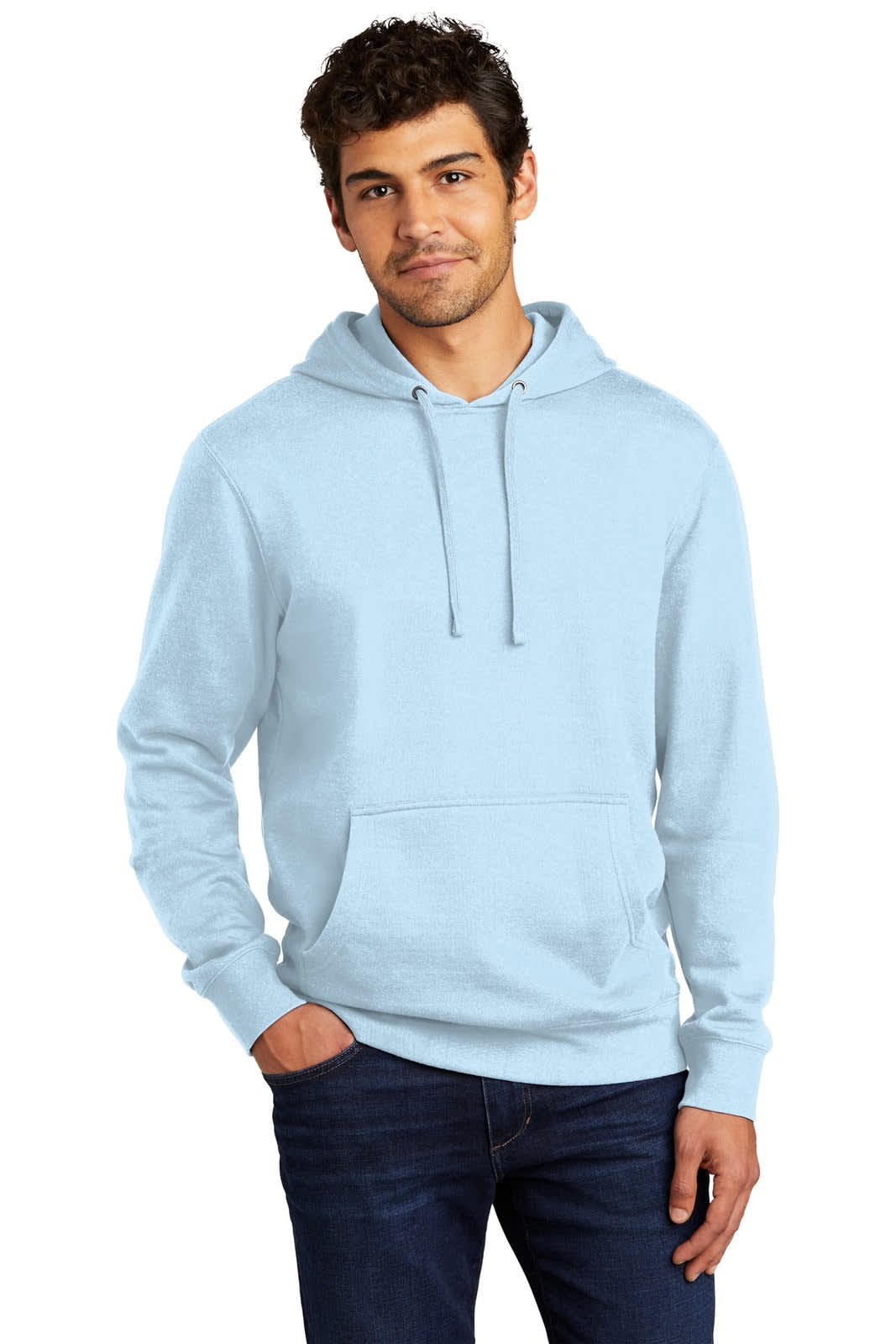 A light blue fleece hoodie featuring a front pocket and a drawstring hood, worn by a male model.