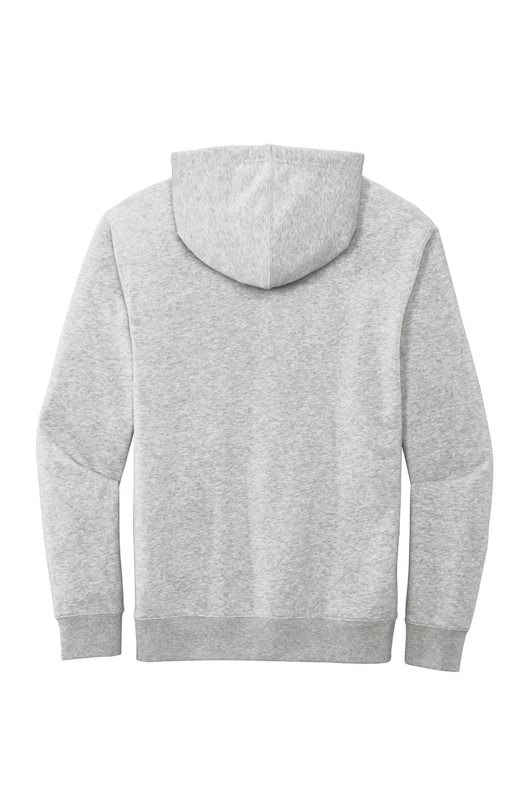 A grey fleece hoodie featuring a hood and long sleeves, with a logo on the back.