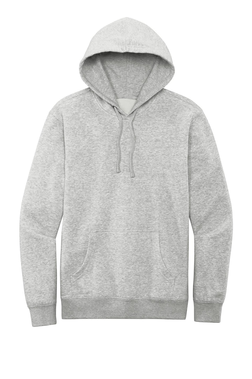 A grey fleece hoodie with a kangaroo pocket and a drawstring hood. It features a logo on the front.