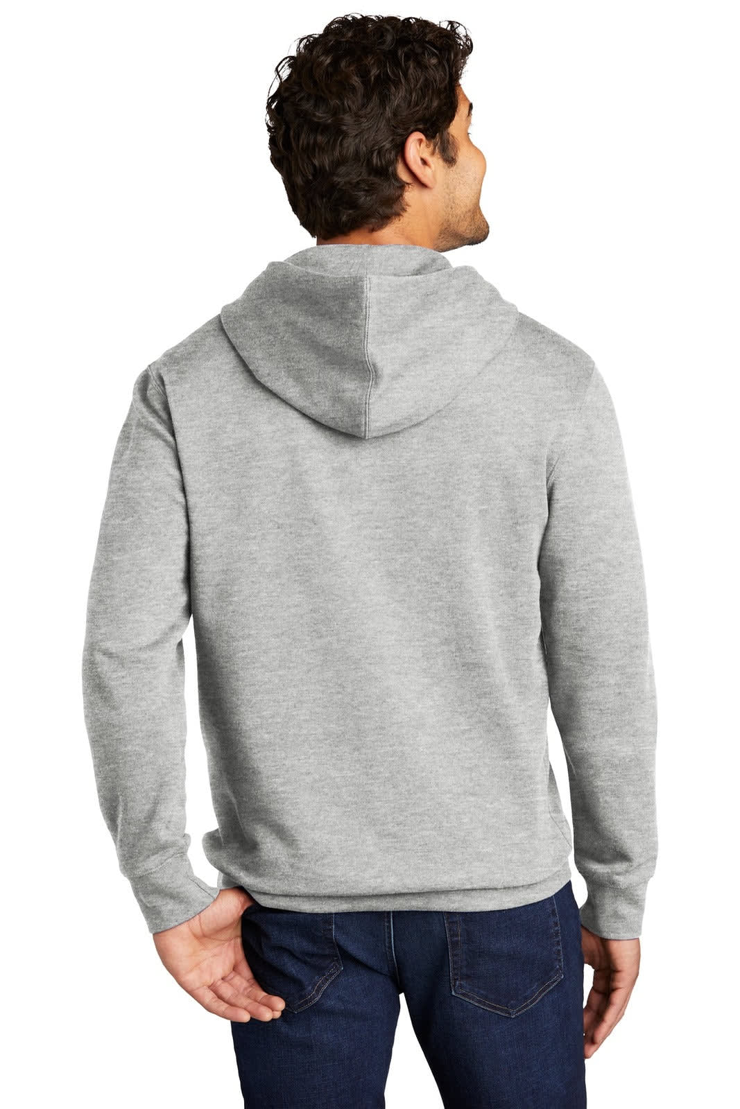 A grey fleece hoodie with a hood, featuring a logo, displayed on a man from the back.