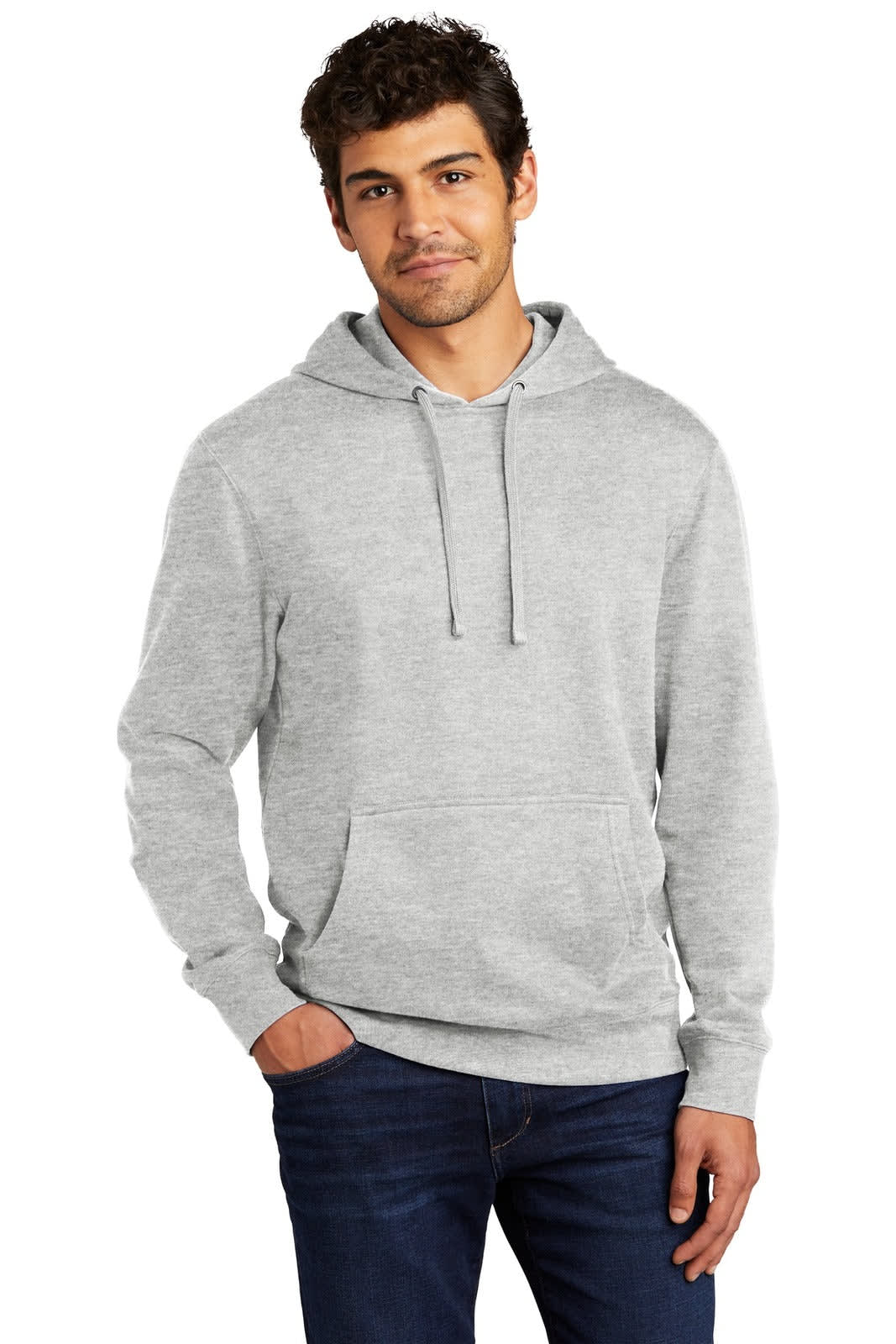A light grey fleece hoodie with a front pocket, featuring a drawstring hood and relaxed fit.