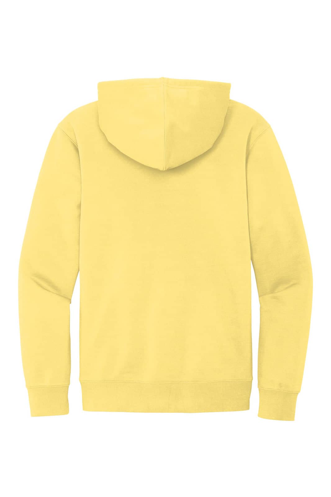 A yellow fleece hoodie with a hood and long sleeves, featuring a logo on the back.