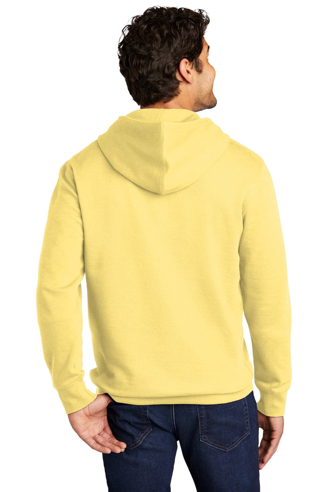 A yellow fleece hoodie with a hood, displayed from the back on a model, featuring a branding logo.