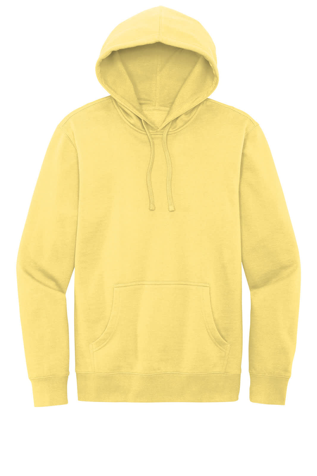 A yellow fleece hoodie featuring a kangaroo pocket and a hood, with a logo on the front.