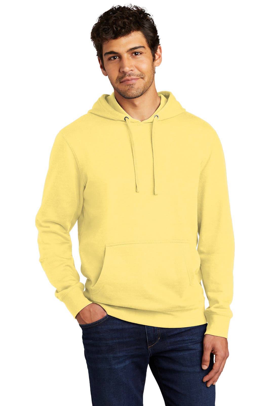 A yellow fleece hoodie with a front pocket and drawstring hood, featuring a logo.