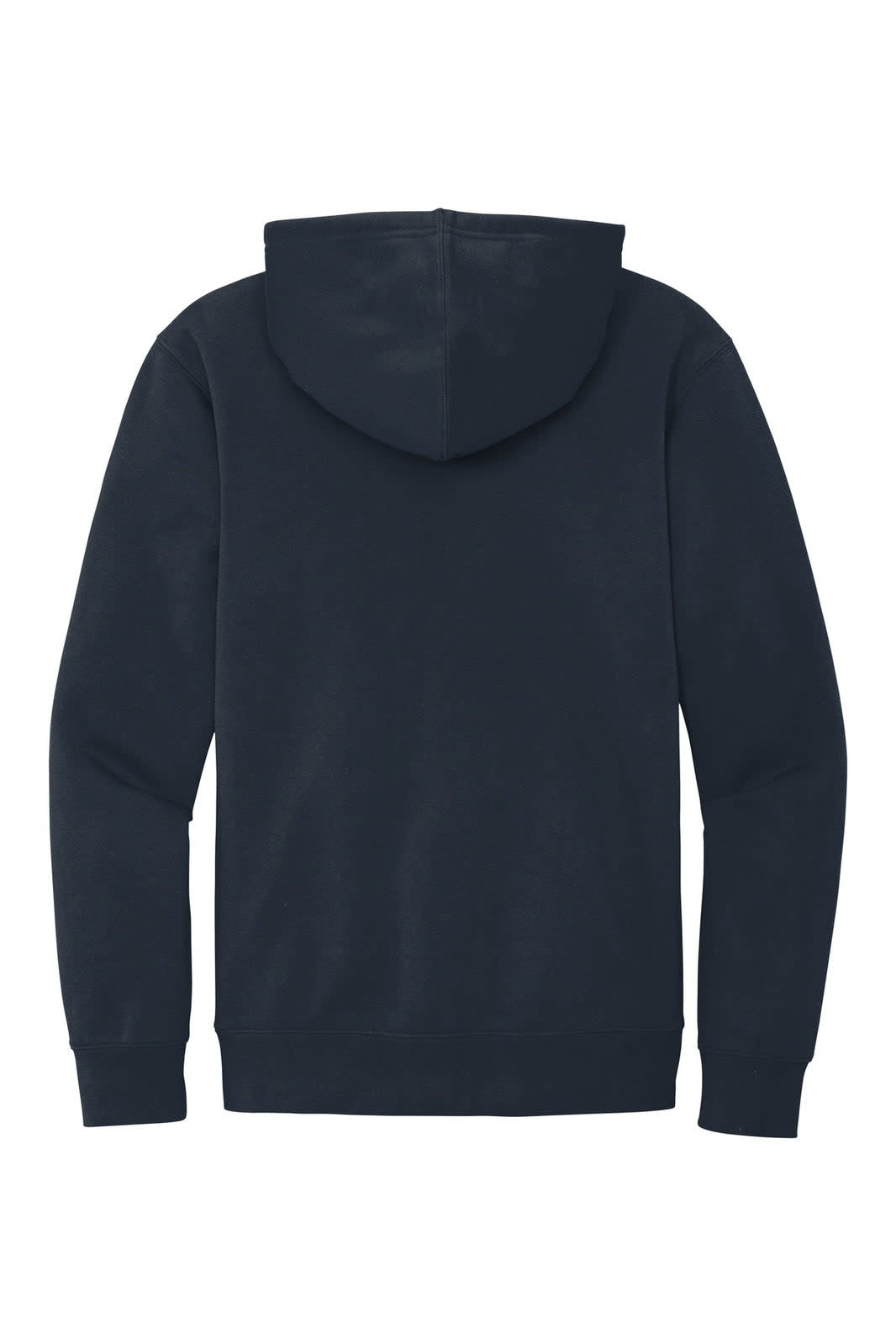 A navy fleece hoodie with a spacious hood and a solid colour design, featuring a branding logo.