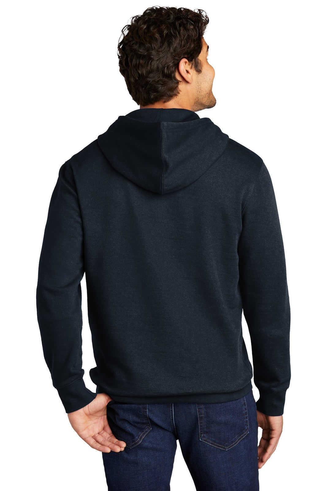 A navy fleece hoodie with a hood, featuring a logo, viewed from the back on a model.