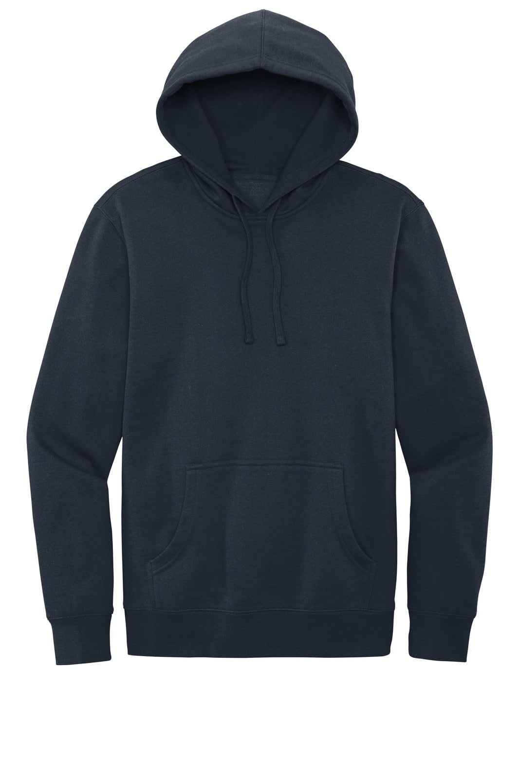 A dark navy fleece hoodie with a front pocket and a drawstring hood. It features a logo on the front.