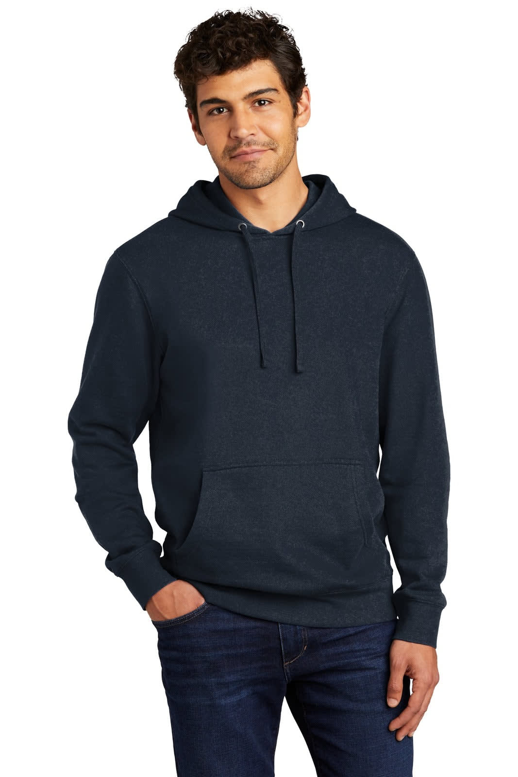 A man wearing a navy fleece hoodie with a front pocket and adjustable drawstring hood, featuring a logo.