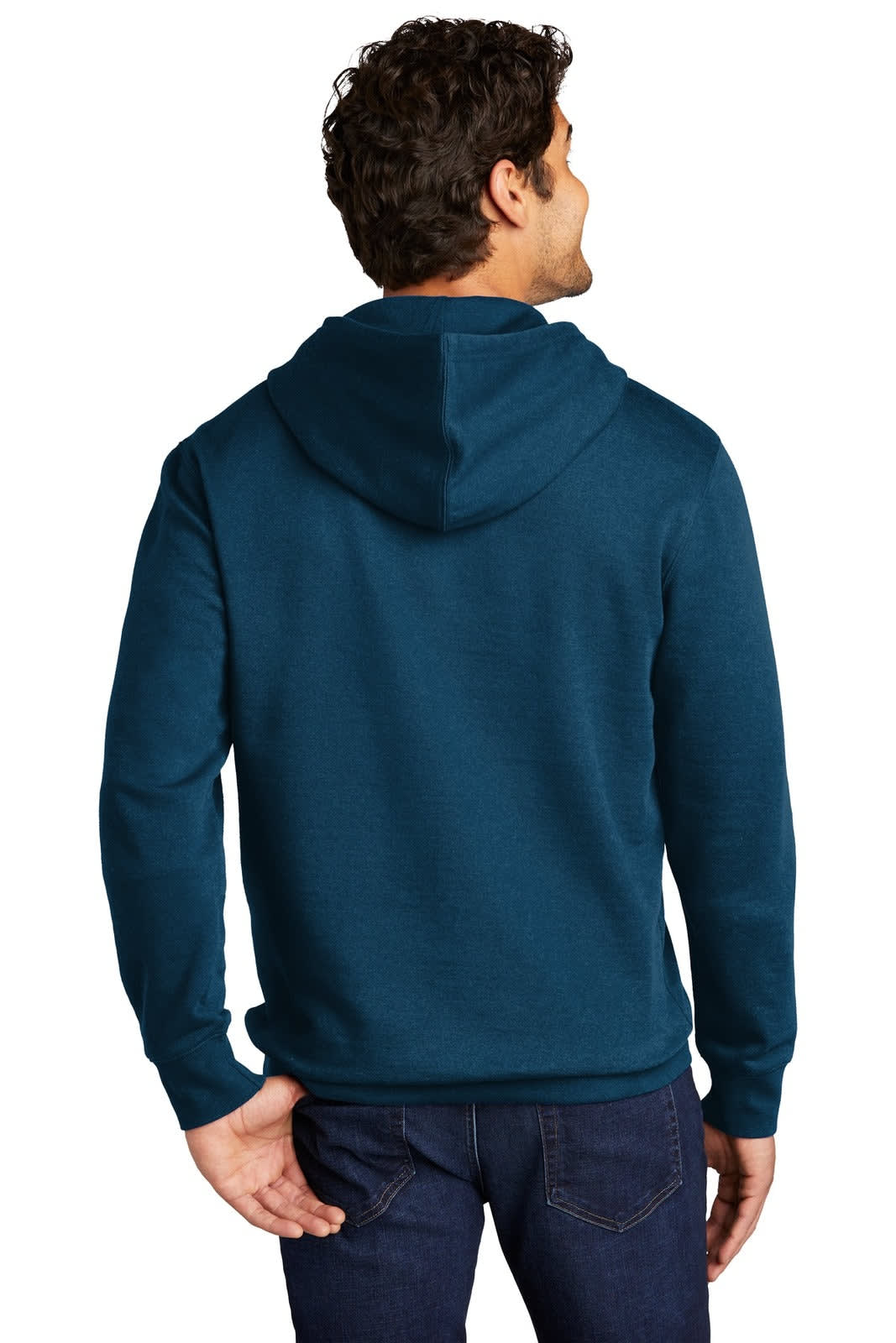 A man wearing a teal hoodie, viewed from the back, showcasing the hood and casual fit. The hoodie has a logo.