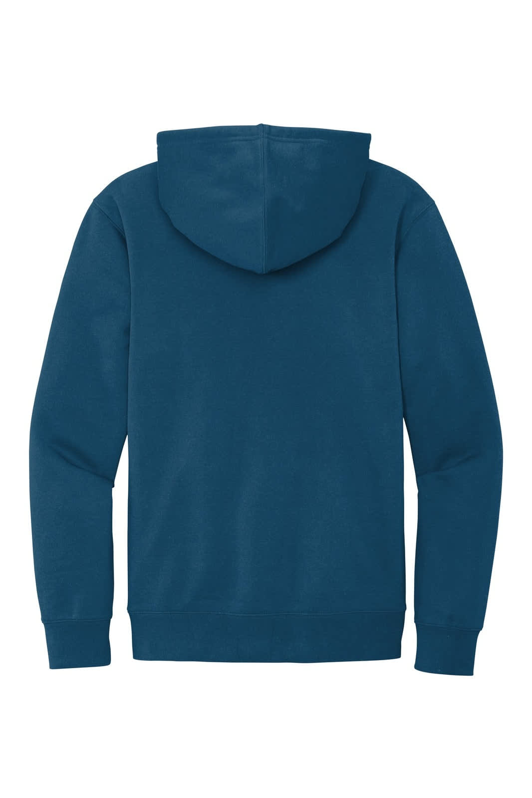 A navy fleece hoodie with a drawstring hood and a plain back design, featuring a logo on the front.