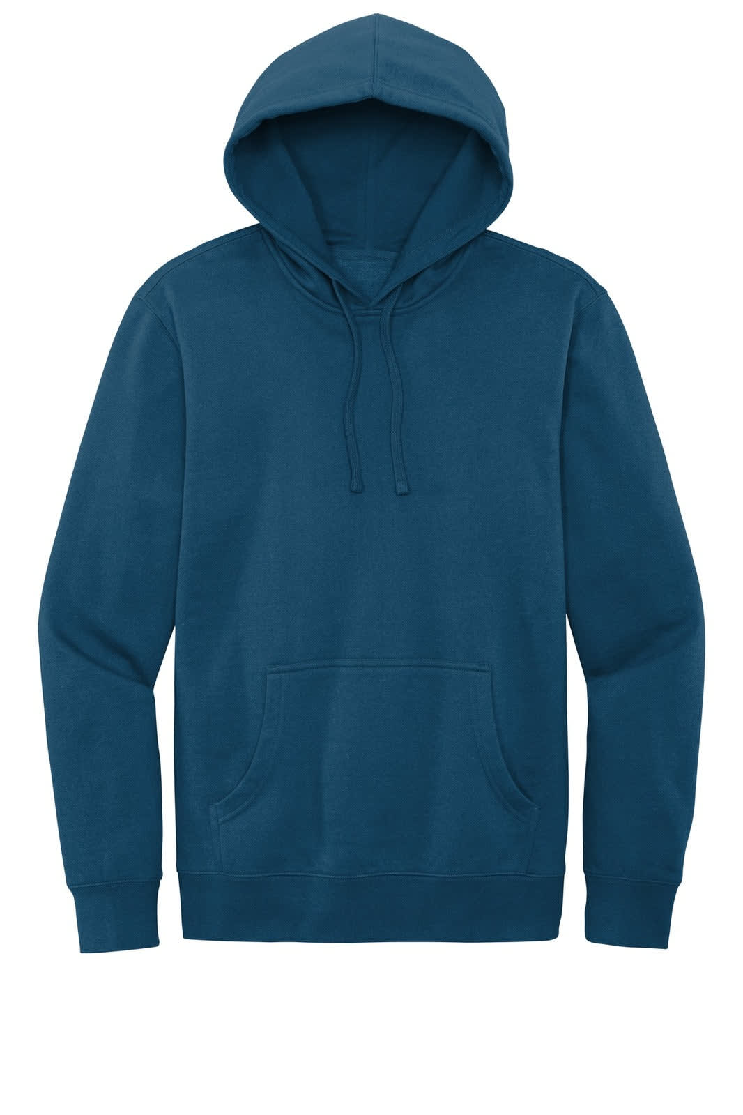 A teal fleece hoodie with a front pocket and an adjustable drawstring hood, featuring a logo.