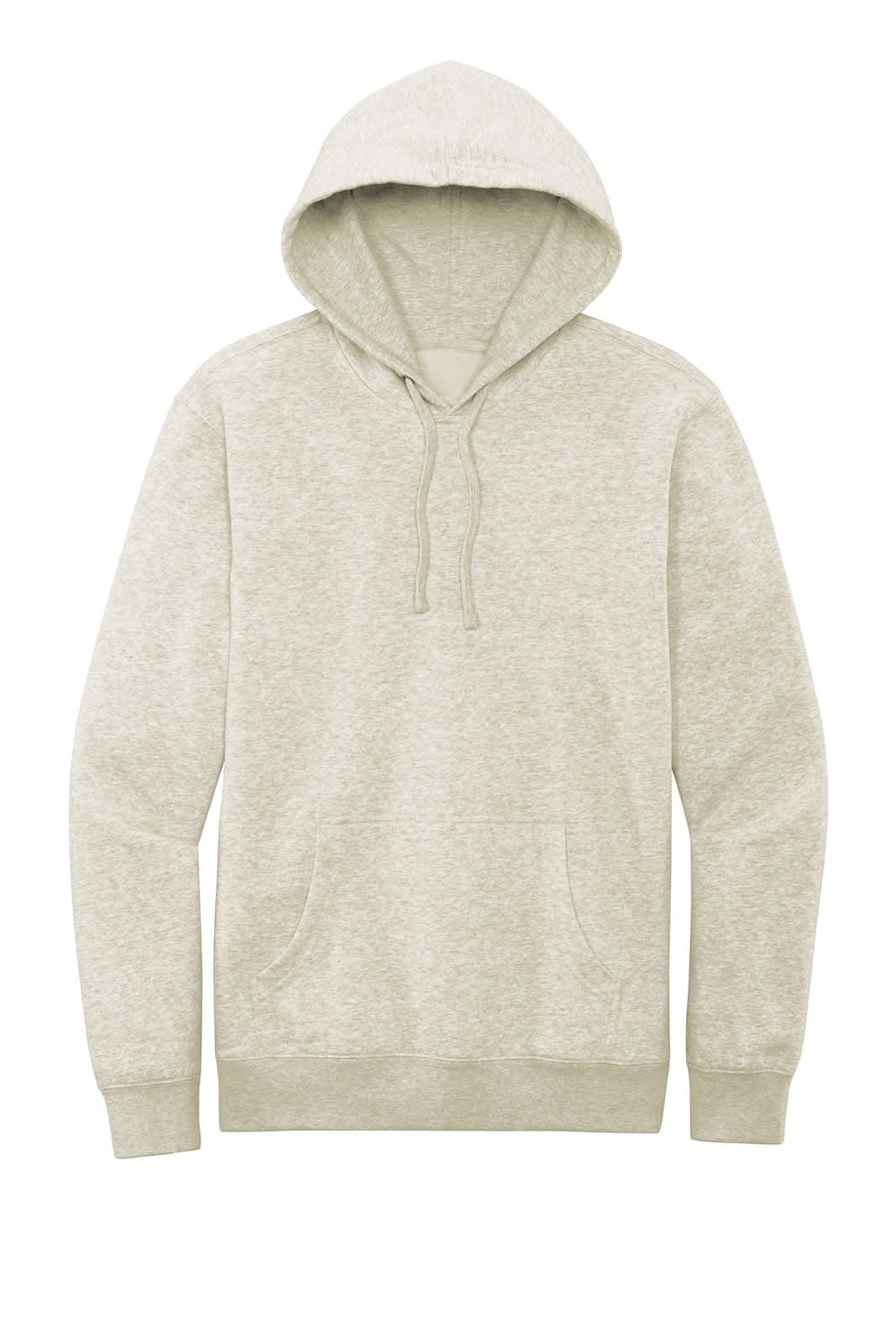 A light grey fleece hoodie with a hood and front pouch pocket, featuring a branding logo.