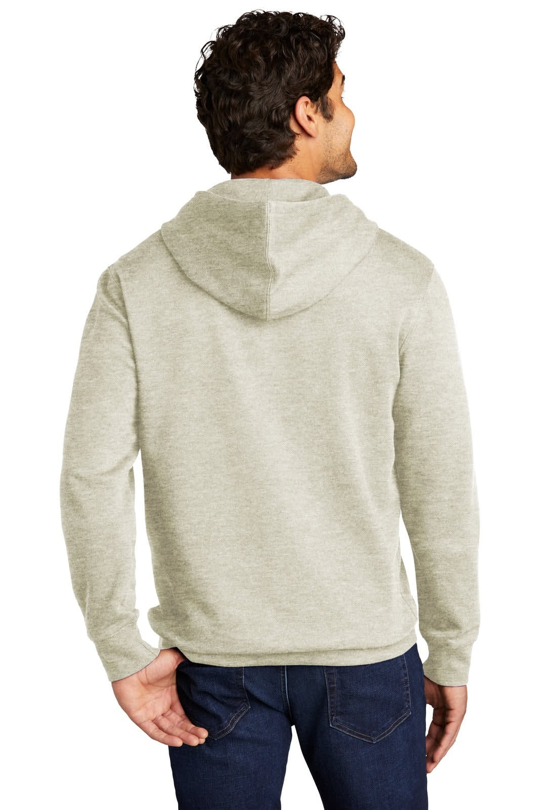 A man models a light grey fleece hoodie from the back, featuring a hood and a casual fit.