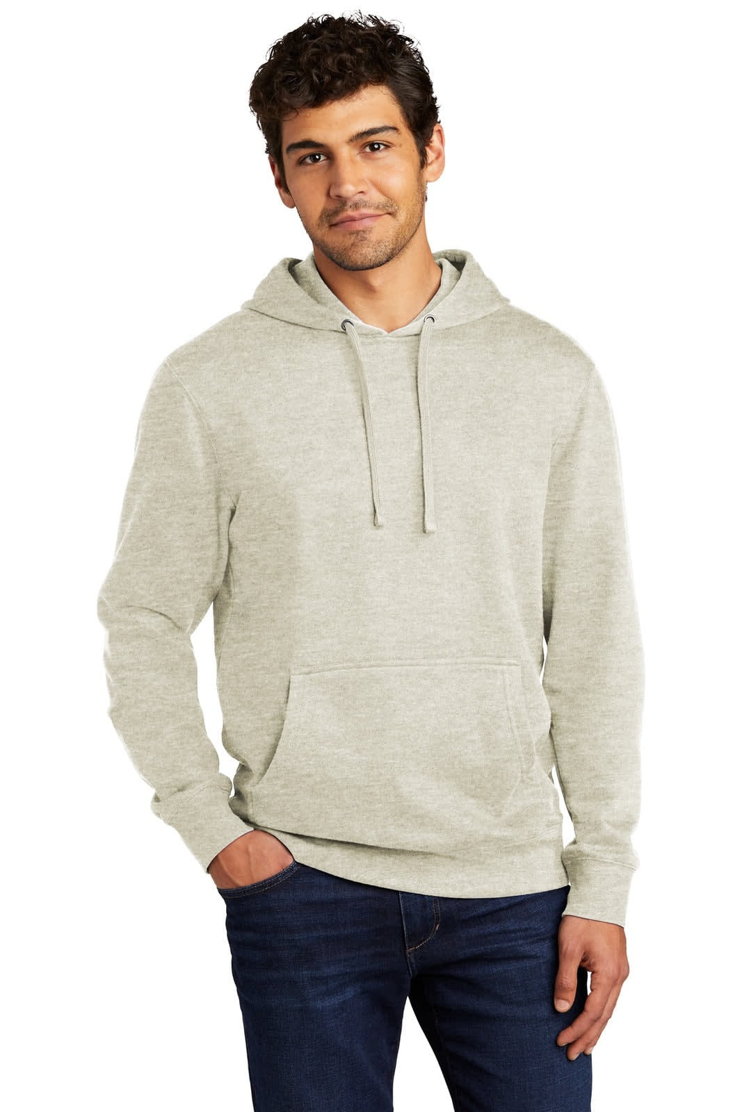 A light grey fleece hoodie featuring a front pocket and a drawstring hood, modelled by a young man.