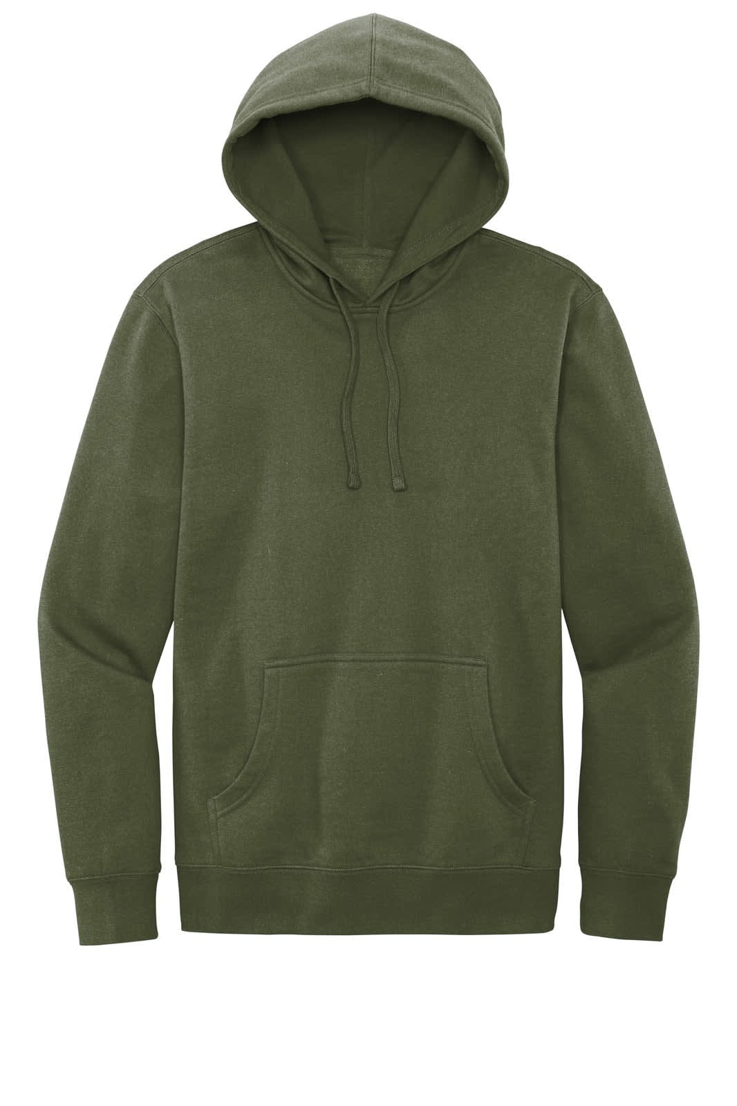 A green fleece hoodie featuring a front pocket and a drawstring hood, with a subtle brand logo.