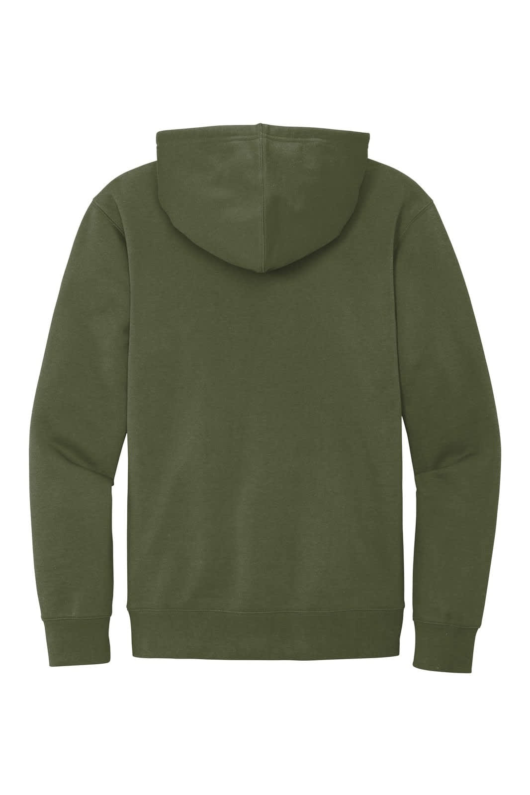 A green fleece hoodie with a back view, featuring a hood and long sleeves, includes a logo.