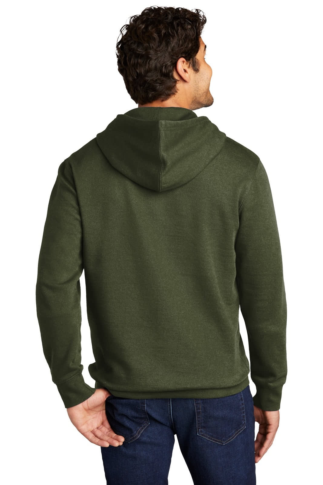 A man wearing an olive green fleece hoodie, viewed from the back, with a hood and long sleeves.