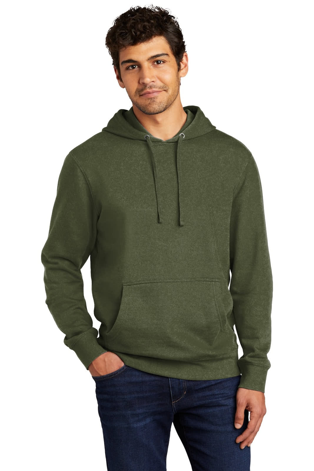 A man wearing an olive green fleece hoodie with a kangaroo pocket and a hood, showcasing a casual style.
