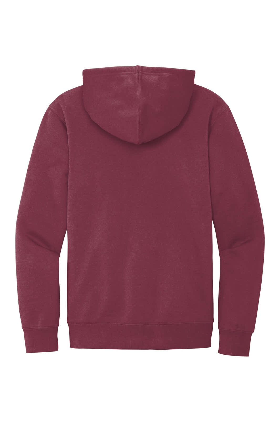 A burgundy fleece hoodie with a hood and long sleeves, featuring a logo on the back.