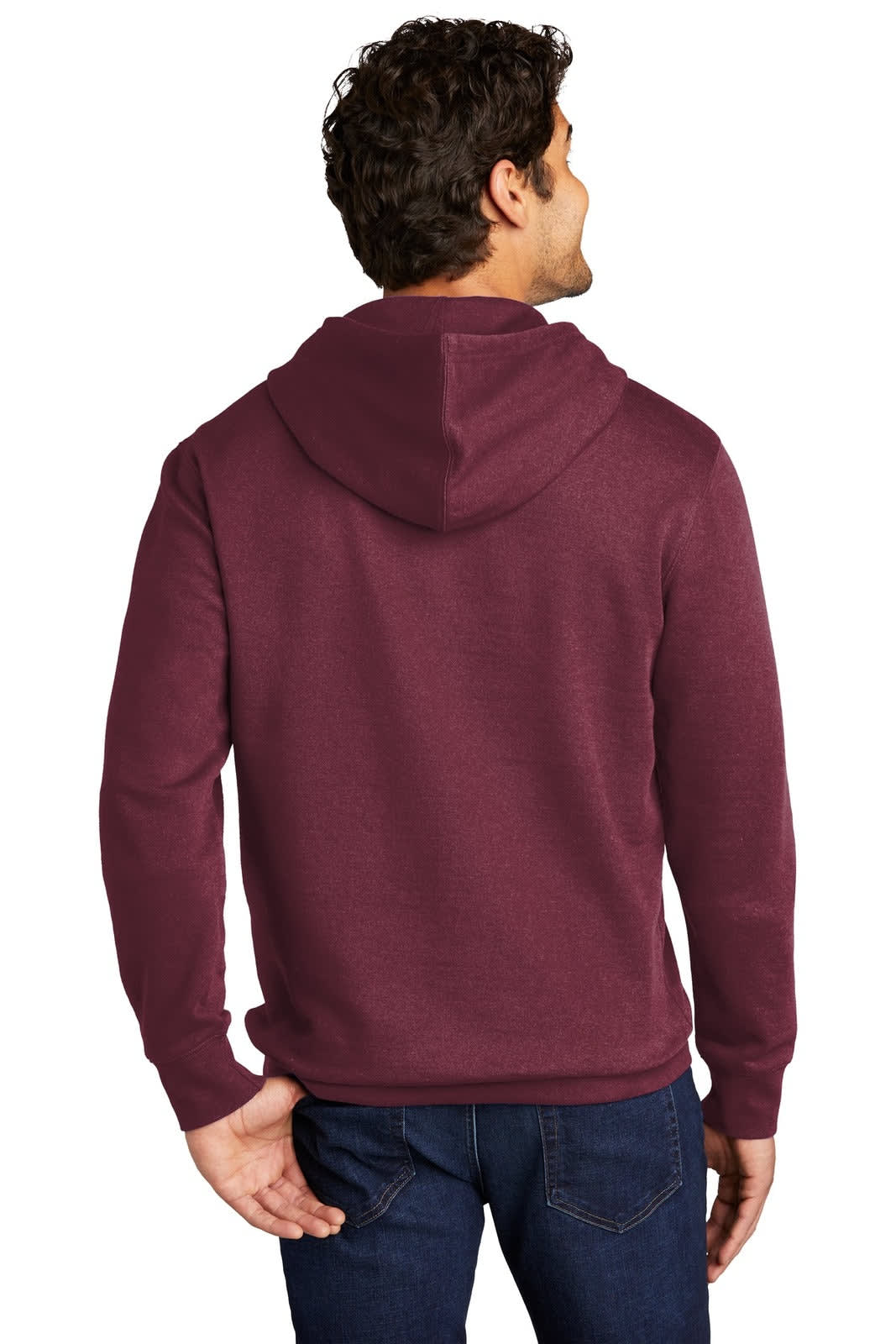A man is wearing a maroon fleece hoodie with a hood, viewed from the back. The hoodie includes a logo.