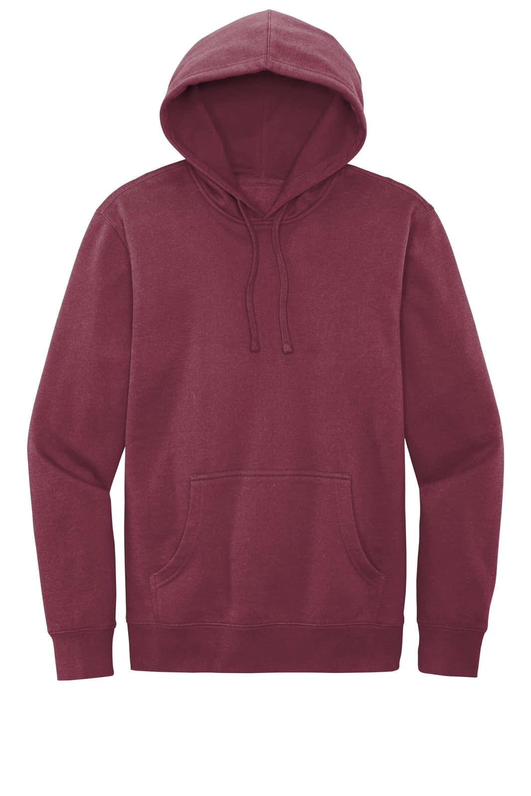 A burgundy fleece hoodie with a front pocket and a drawstring hood, featuring a logo.