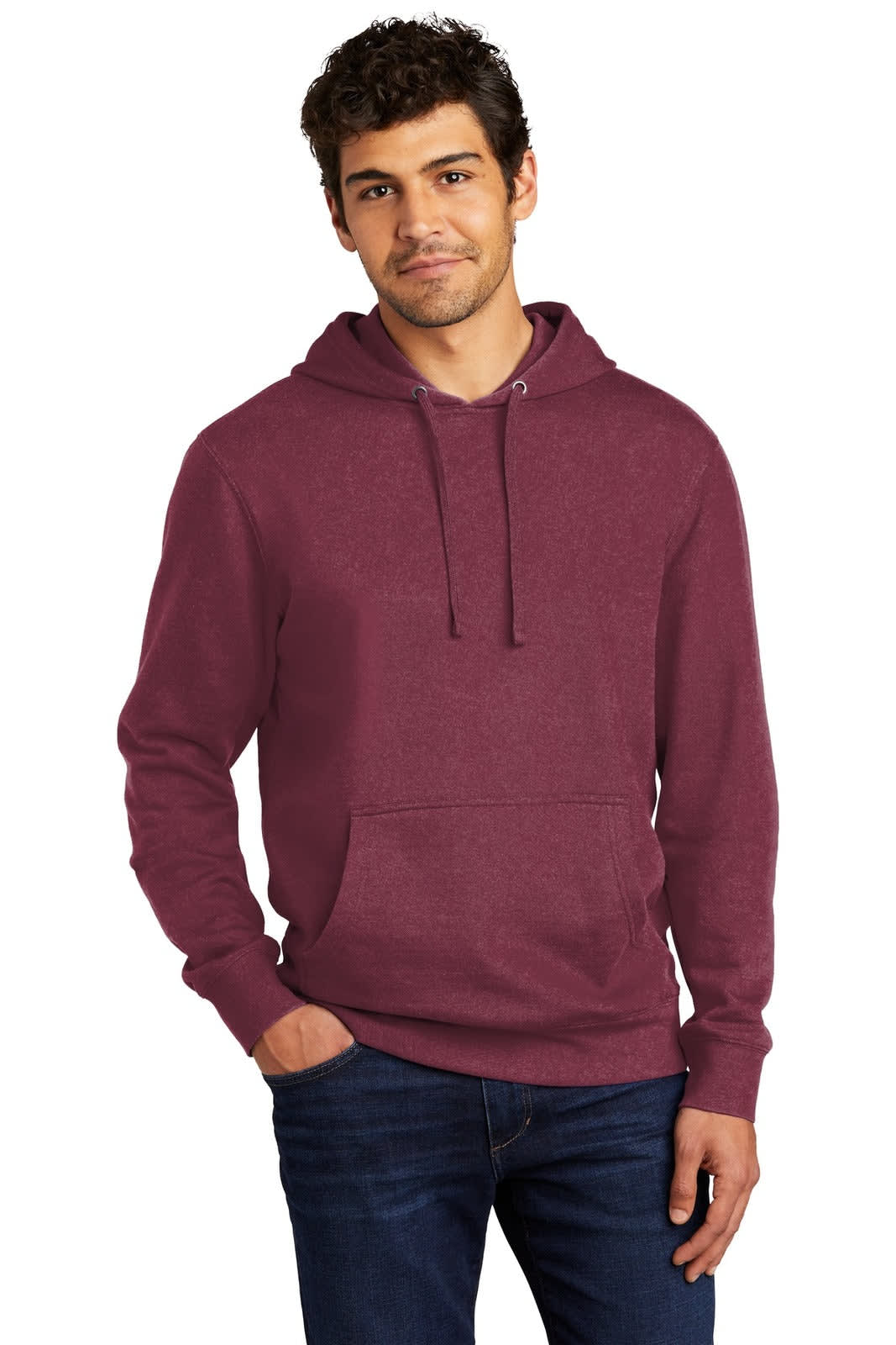 A maroon fleece hoodie with a front pocket, featuring a hood and drawstring, worn by a male model.