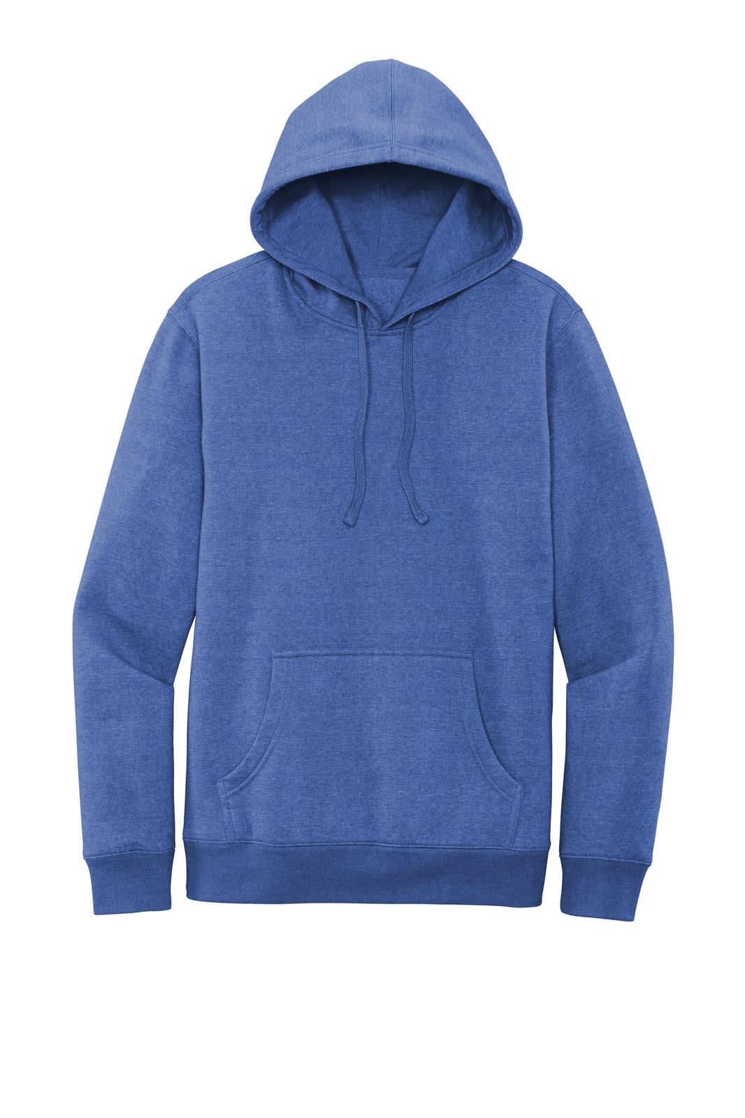 A blue fleece hoodie featuring a front pocket and a drawstring hood, with a logo present.