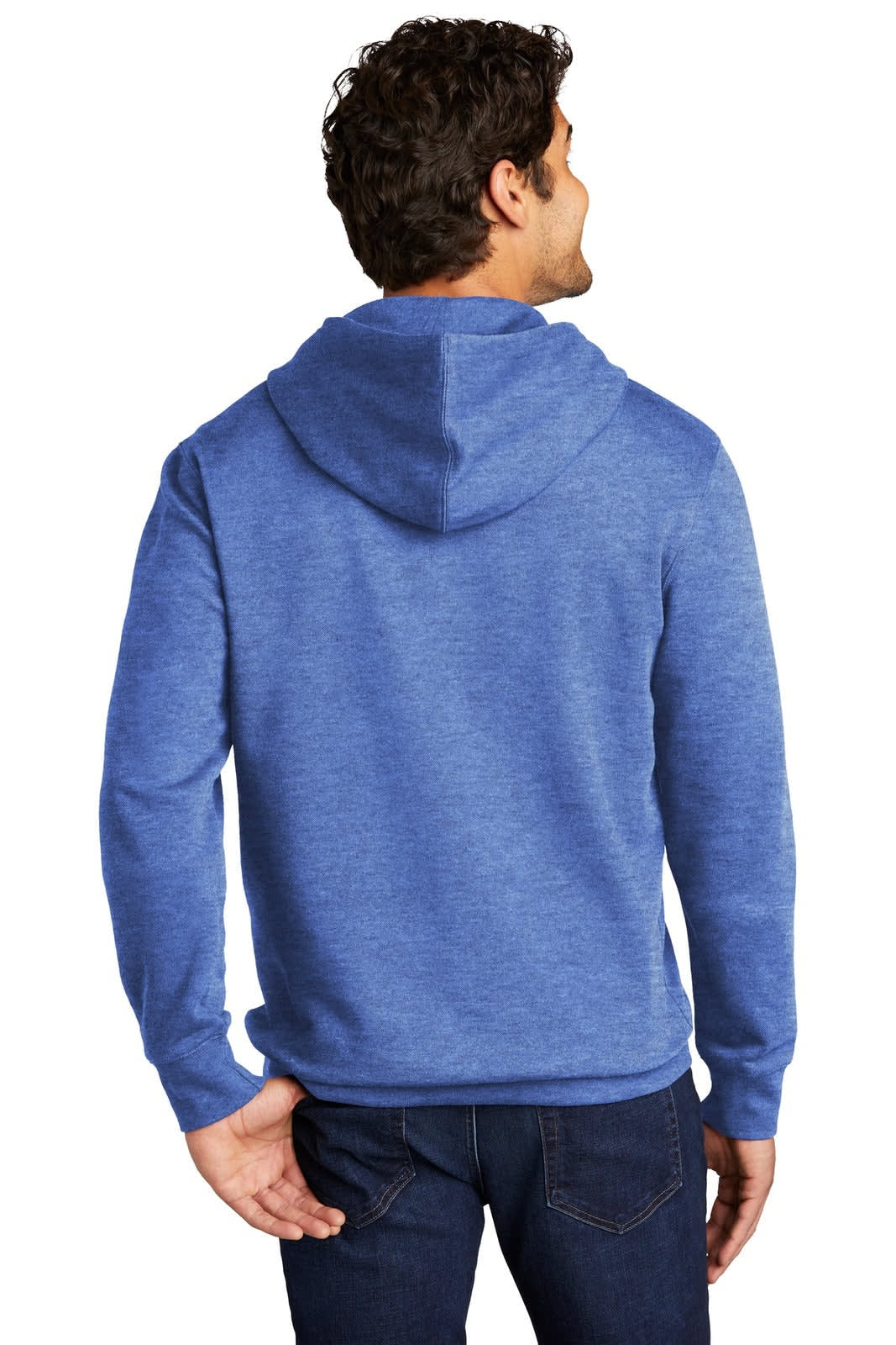 A blue fleece hoodie featuring a hood, shown from the back. The design includes a logo on the clothing.