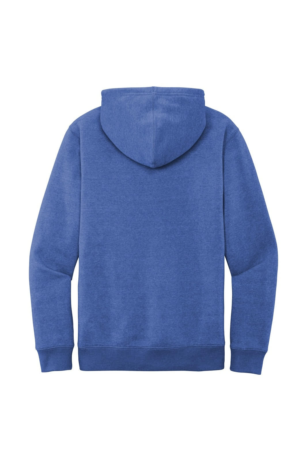 A blue fleece hoodie featuring a hood and long sleeves, with a branding logo on the back.