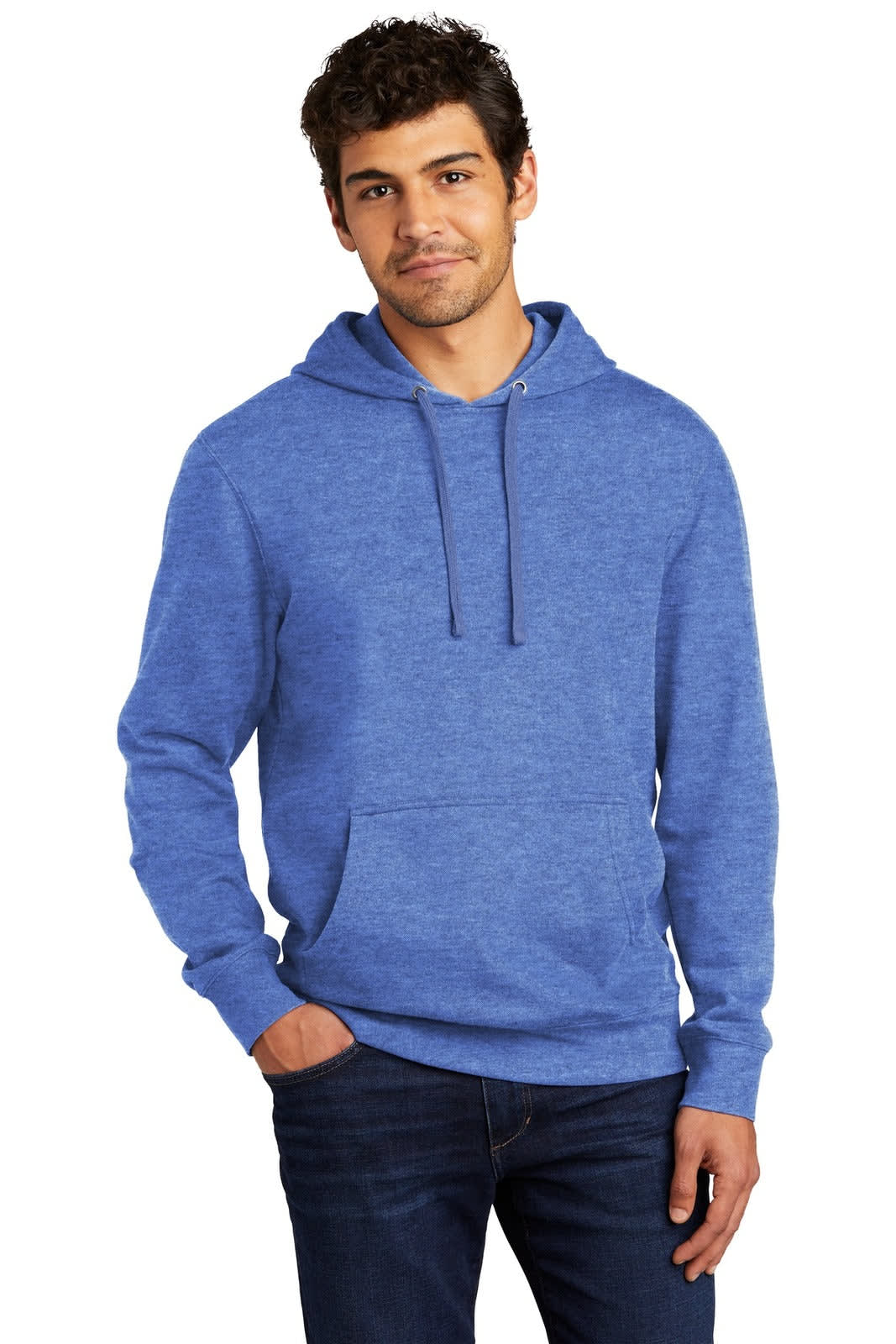 A blue fleece hoodie with a front pocket and adjustable drawstring hood, worn by a male model.