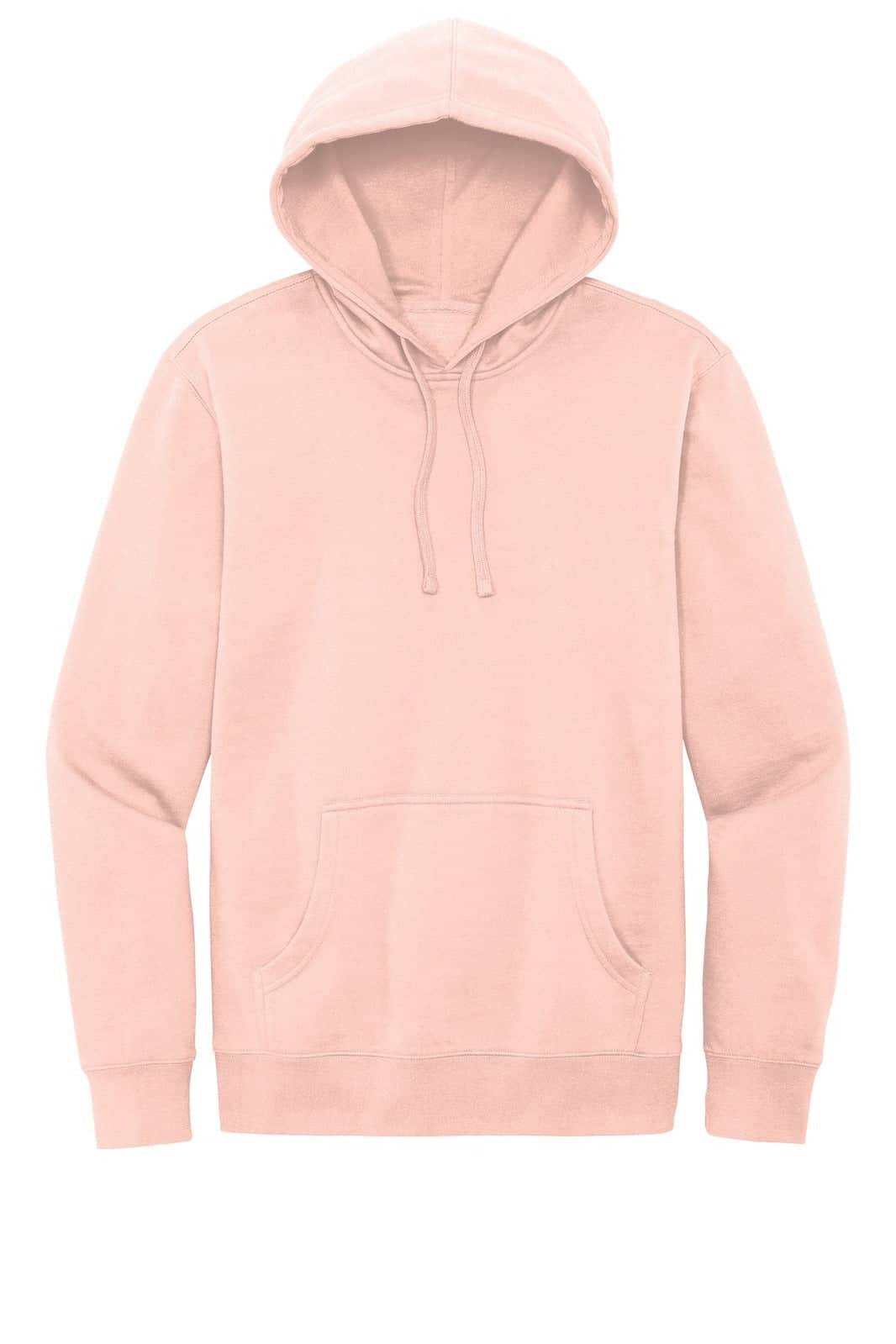 A light pink fleece hoodie with a front pouch pocket and a drawstring hood. It features a logo.